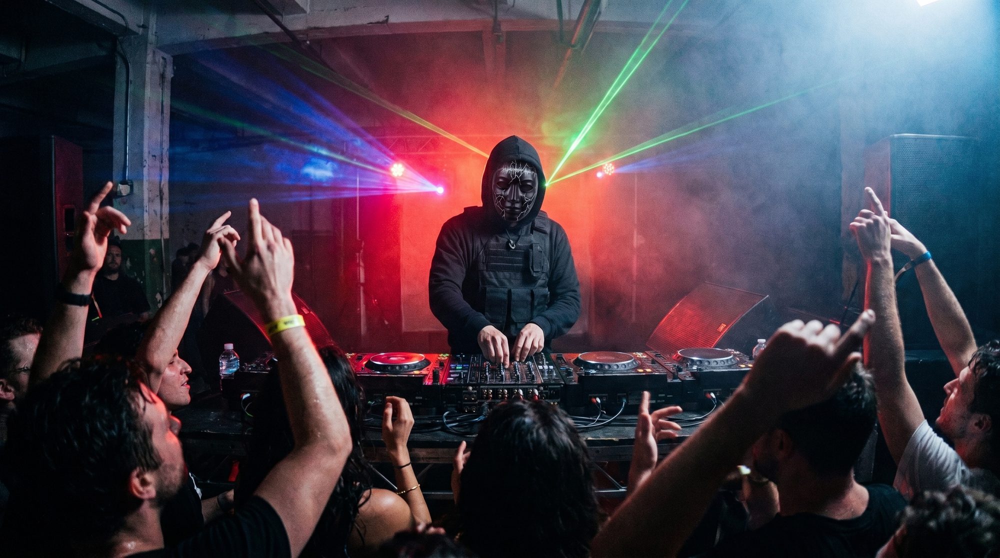 Vô performing as a DJ at an underground rave in Brooklyn
