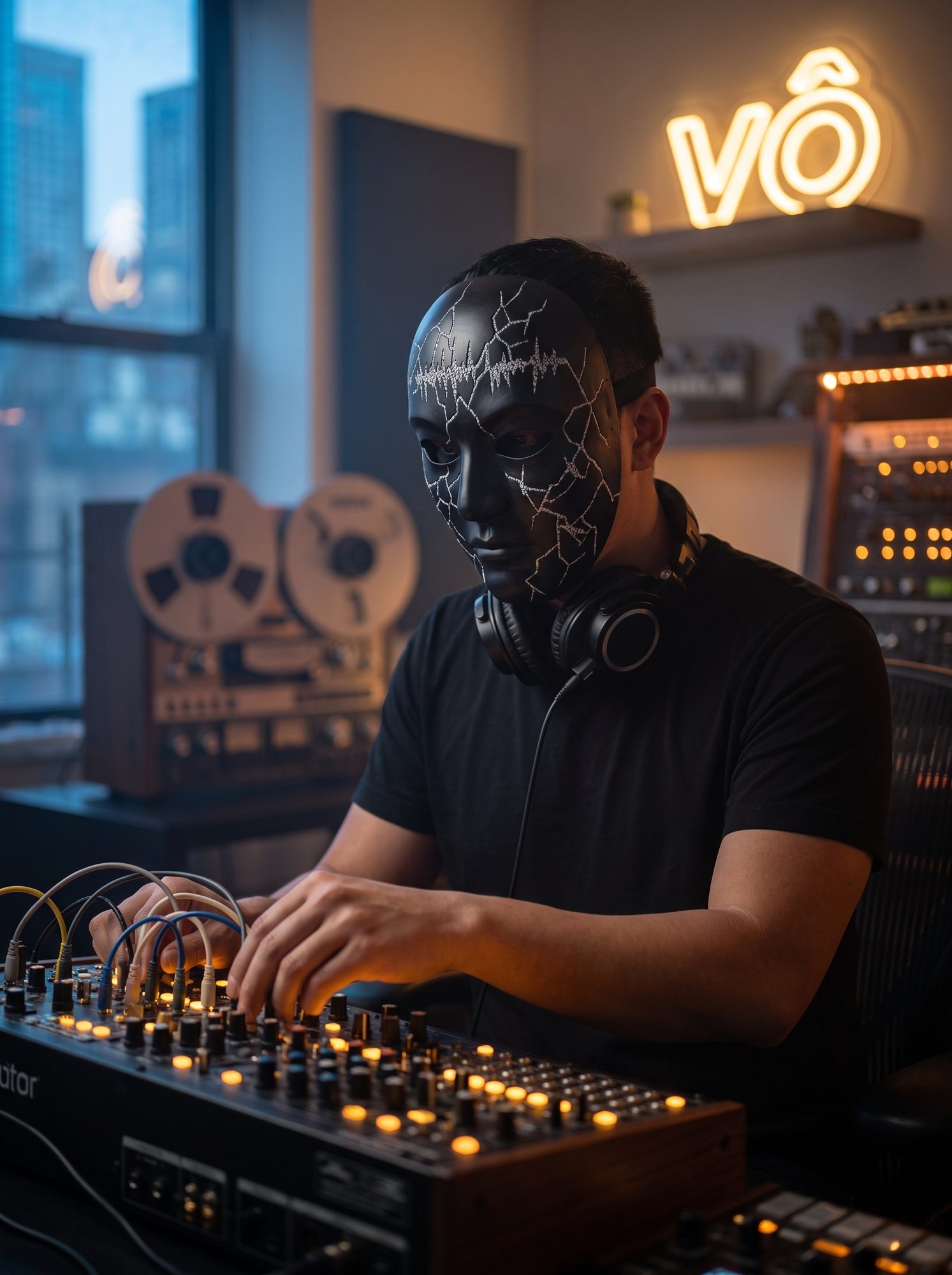 Vô in his studio, wearing a black mask with a cracked-glass pattern and over-ear headphones, hands on a modular synthesizer covered in colored patch cables, neon VÔ sign glowing on the back wall, cool blue window light on the left